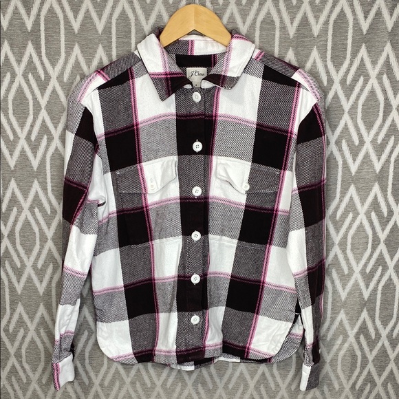 J. Crew Tops - J. Crew Black and White Plaid Button Down Flannel Shirt with Pink Size: 6